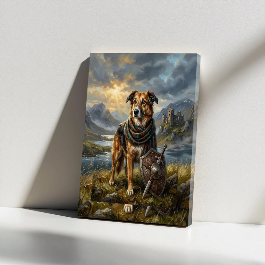 Scottish Highland Dog Warrior Vertical Canvas | Celtic Fantasy Shield Castle Landscape Oil Painting Style | 1.25 Inch Thick Fade-Resistant Gallery Wall Art | Unique Gift for Pet Lovers