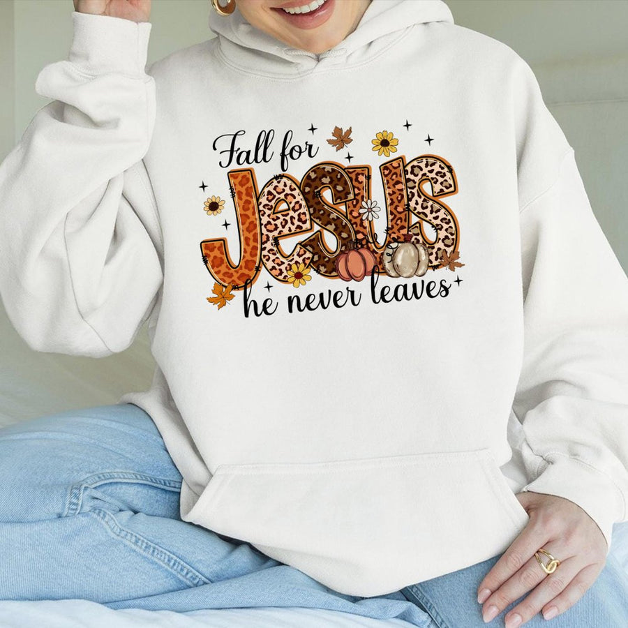 Fall For Jesus Hoodie | Leopard Print Christian Autumn Graphic | Premium Cotton Blend Sweatshirt | Faith-Based Fall Gift for Women & Men