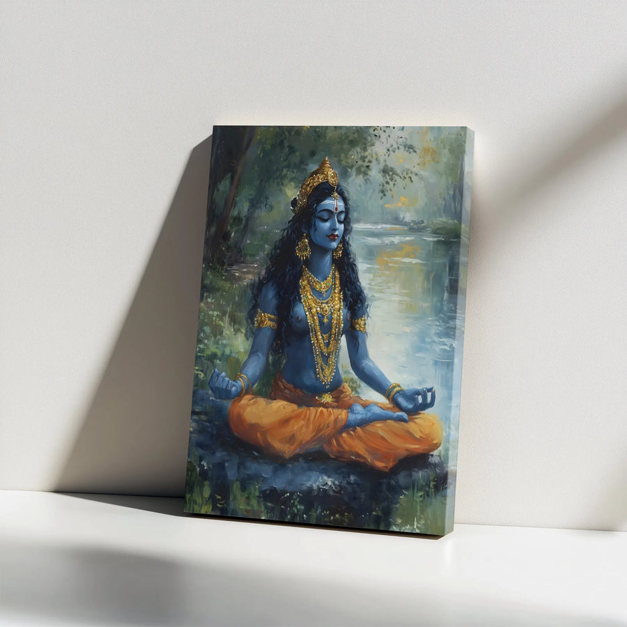 Meditating Krishna Canvas Print | Hindu God Spiritual Painting | Premium Gallery Wrapped Wall Art | Yoga Studio Decor & Devotional Gift