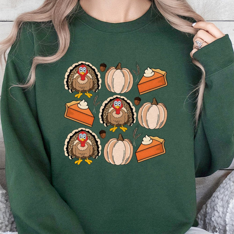 Thanksgiving Sweatshirt | Cute Turkey and Pumpkin Pie Graphic | Soft Cotton Blend Cozy Pullover | Festive Holiday Gift for Women and Men