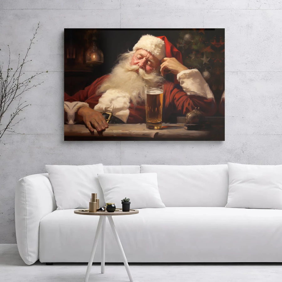 Sleeping Santa Claus Canvas Print | Funny Drinking Beer Holiday Wall Art | Premium Gallery Wrap Decor | Unique Christmas Gift for Men