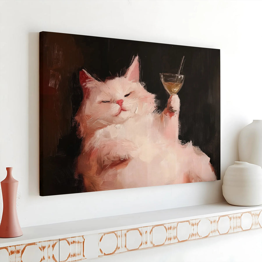 Funny Cat Drinking Martini Horizontal Canvas | Whimsical White Cat Oil Painting Style Art Print | Fade-Resistant Gallery Quality Canvas | Humorous Gift for Cat Lovers, Home Bar Decor