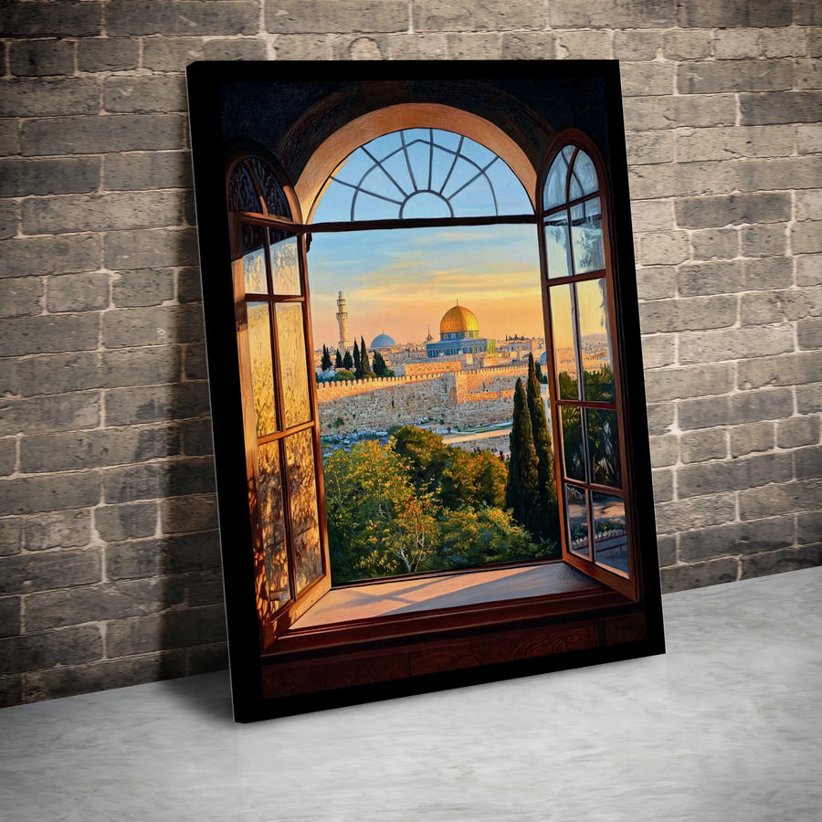 Jerusalem Old City Canvas Print | Dome Of The Rock Arched Window View | Premium Fade-Resistant Wall Art | Spiritual Home Decor Gift