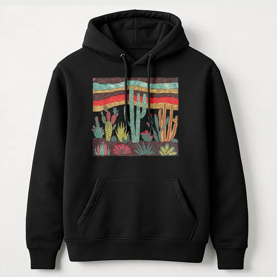 Retro Desert Cactus Hoodie | Southwest Boho Botanical Graphic | Premium Soft Cotton Tee | Unique Plant Lover Gift