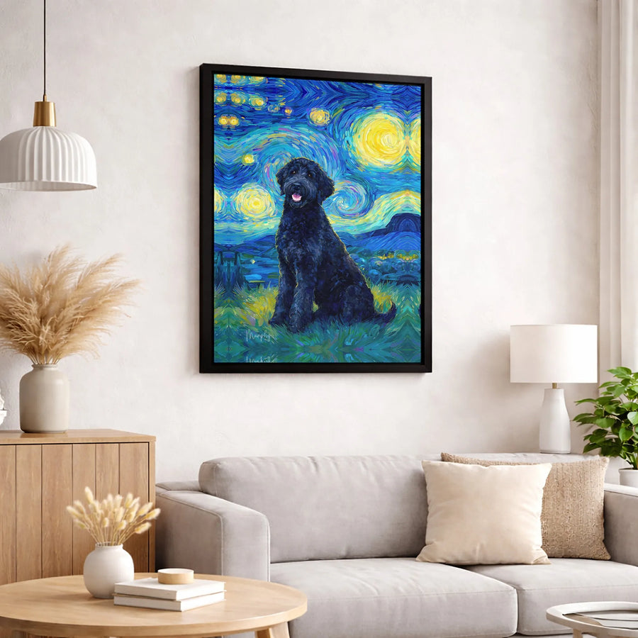 Black Labradoodle Wall Art | Starry Night Van Gogh Style Oil Painting | Premium Gallery Wrap Canvas | Unique Dog Lover Gift Home Decor