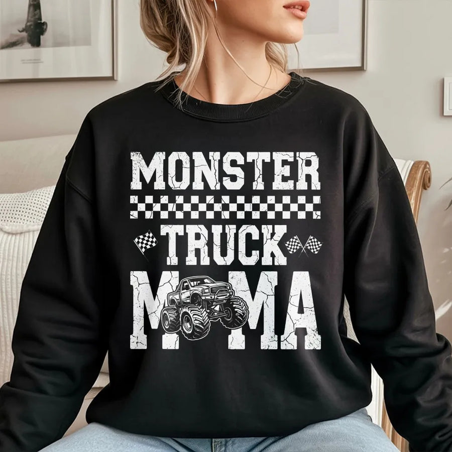 Monster Truck Mama Sweatshirt | Distressed Racing Graphic Crewneck | Premium Cotton Blend | Funny Mom Birthday Gift For Racing Fan