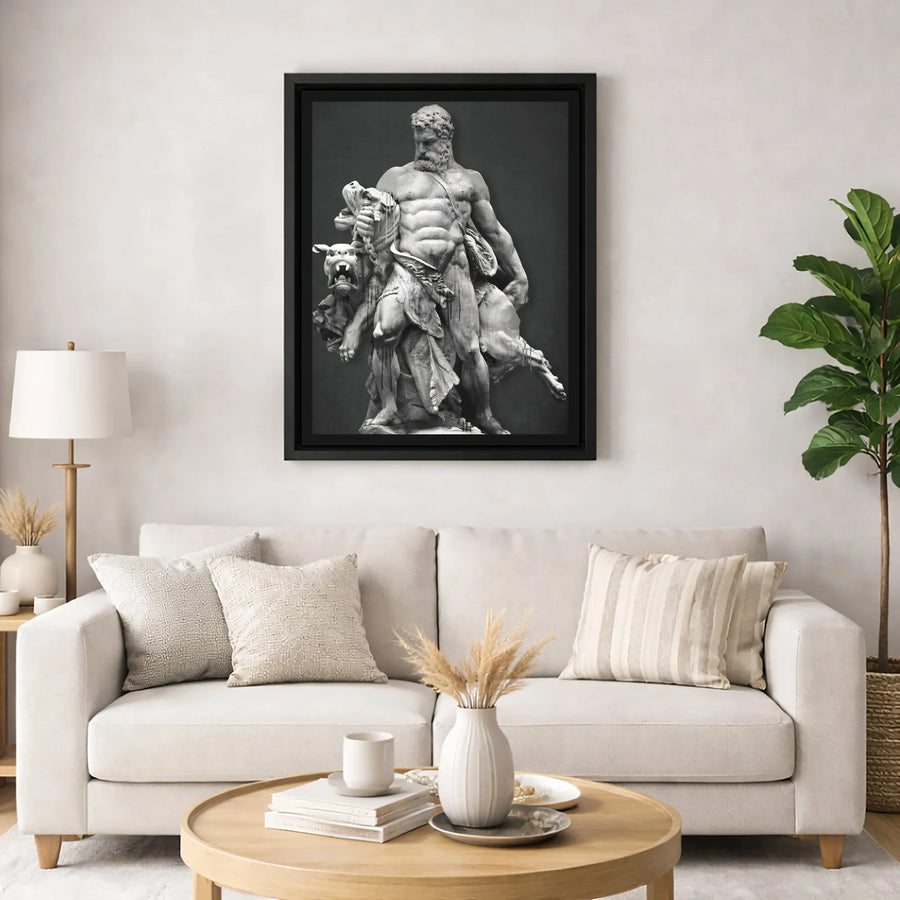 Hercules and Cerberus Wall Art | Greek Mythology Statue Canvas Print | Premium Fade-Resistant Decor | Gift for History Lovers