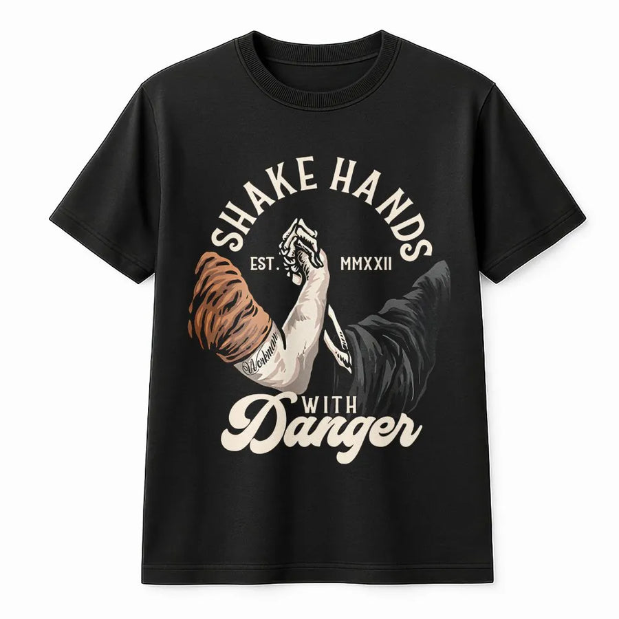 Shake Hands With Danger T-Shirt | Arm Wrestling Skeleton Graphic | Premium Soft Cotton Tee | Gritty Blue Collar Gift For Men And Women