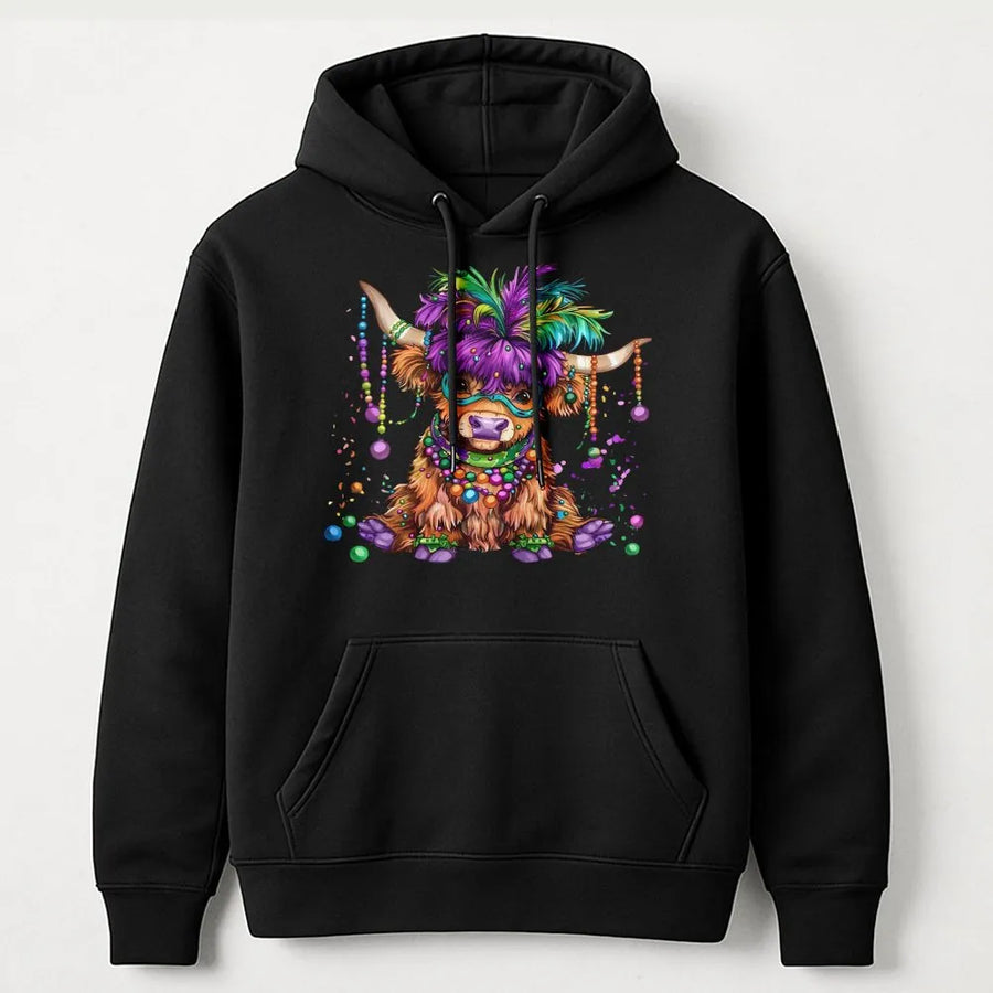 Mardi Gras Cow Hoodie | Cute Highland Cow Mask and Beads Graphic | Premium Cotton Blend | Funny New Orleans Carnival Gift for Women and Men