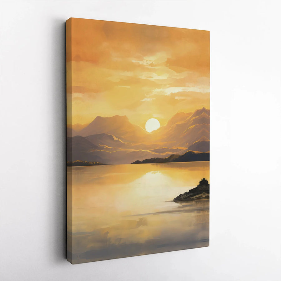 Mountain Sunset Canvas Wall Art | Golden Hour Mountain Lake Painting | Premium Gallery Wrapped Canvas | Modern Home & Office Decor Gift