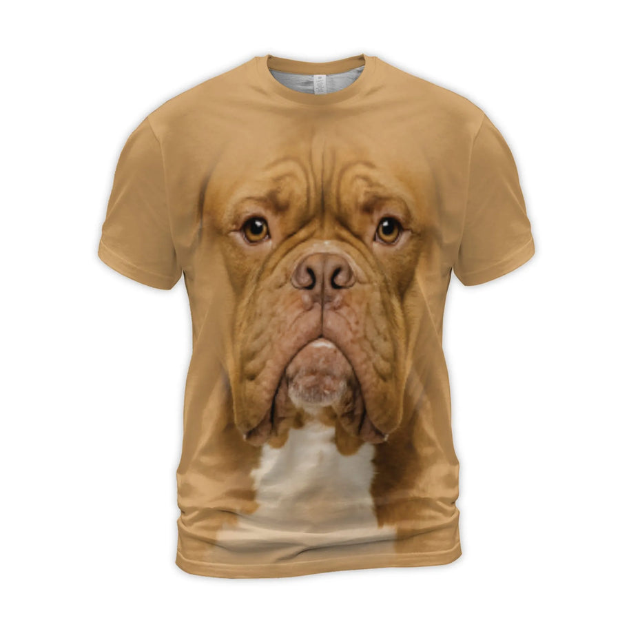 Dogue de Bordeaux Dog Face T-Shirt | Realistic 3D Animal Print | Premium Soft Polyester Jersey | Gift for French Mastiff Lovers