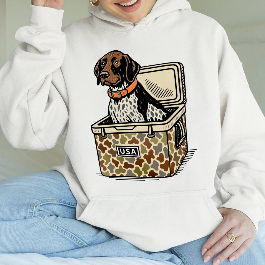 German Shorthaired Pointer Hoodie | GSP Hunting Dog in Camo Cooler | Premium Cotton Blend | Gift for Bird Dog Owners & Outdoorsmen