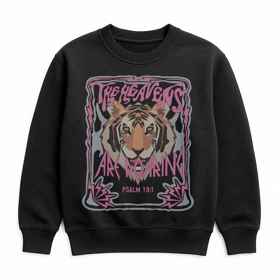The Heavens Are Roaring Sweatshirt | Psalm 19:1 Tiger Graphic | Premium Cotton Blend | Christian Faith Gift for Bible Study Lovers