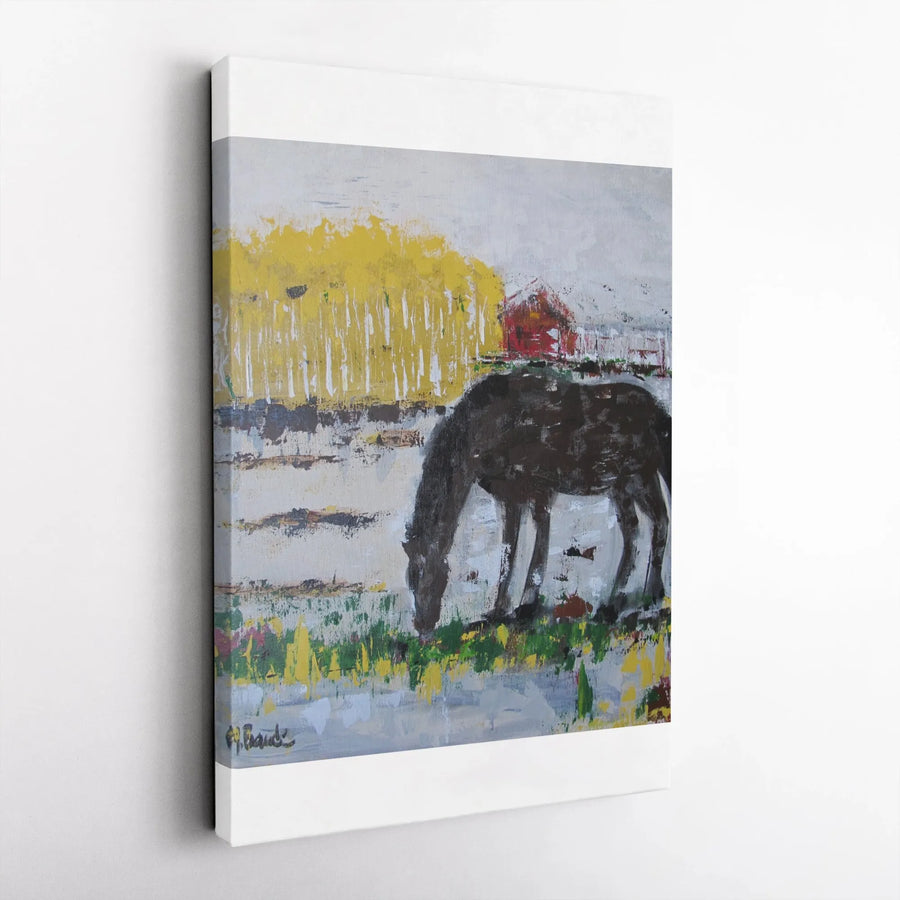 Abstract Horse Canvas Art | Dark Horse Painting with Red Barn | Premium Gallery Quality Canvas | Equestrian Farmhouse Decor Gift