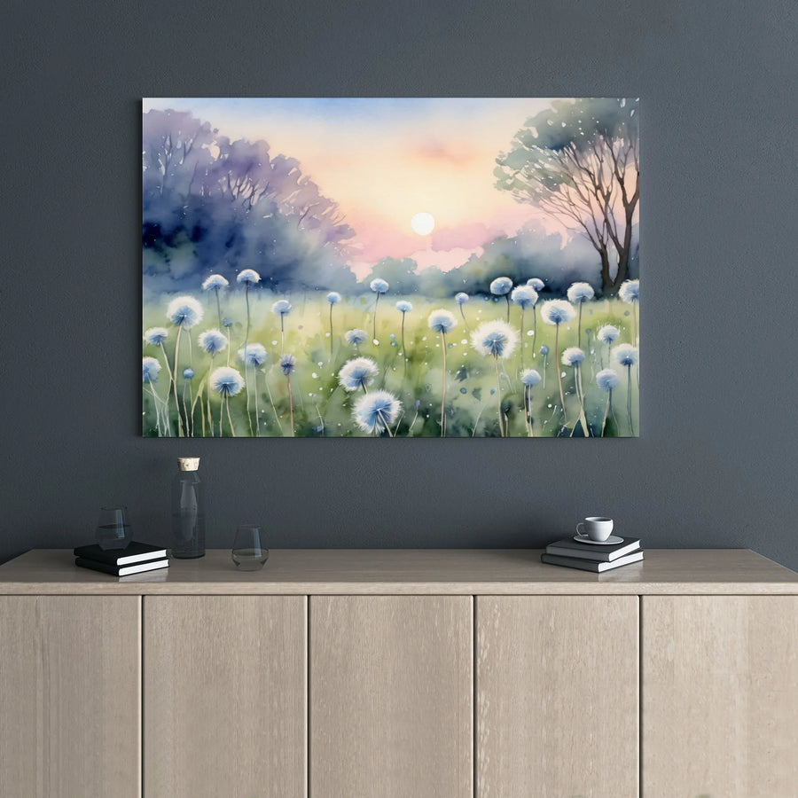 Dandelion Field Canvas Wall Art | Watercolor Sunrise Landscape Print | 1.25 Inch Premium Gallery Wrap | Modern Home Decor Gift