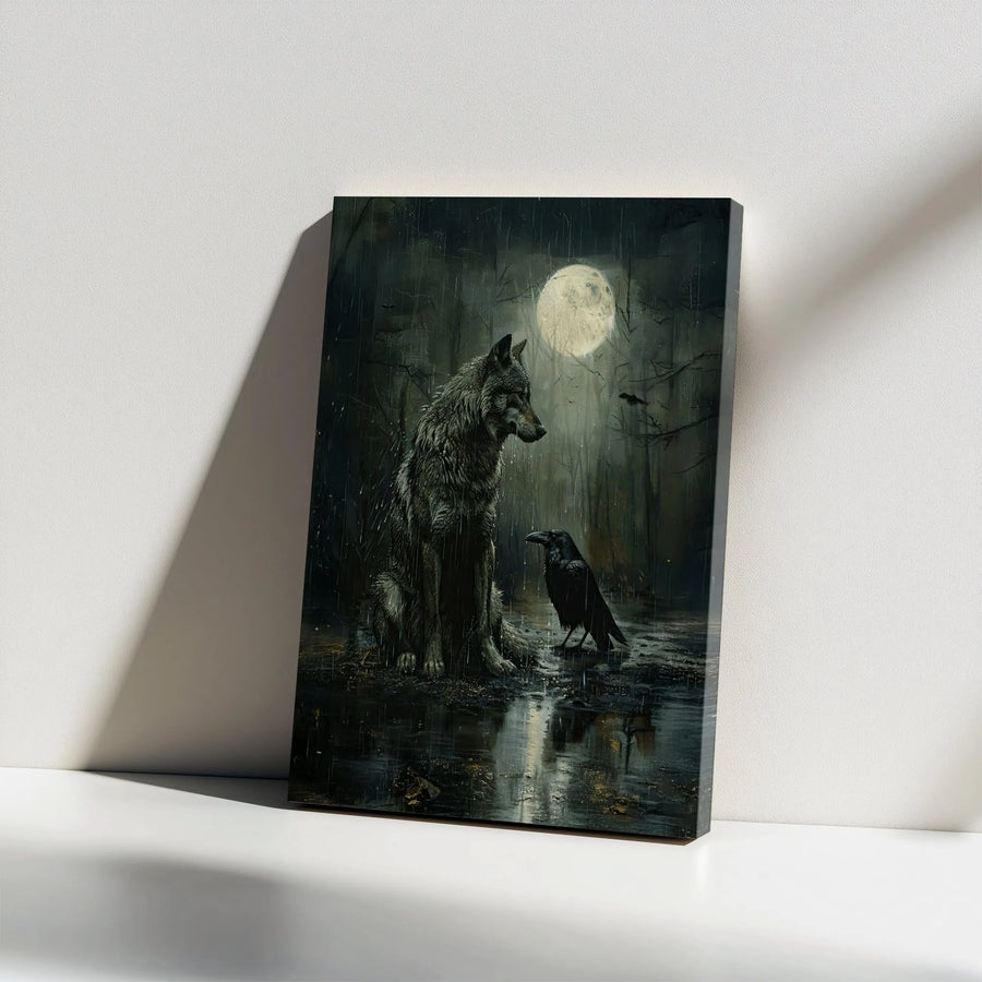 Wolf and Raven Canvas Wall Art | Moody Forest Full Moon Nature Print | Premium 1.25" Gallery Wrap | Gothic Home Decor & Wildlife Gift