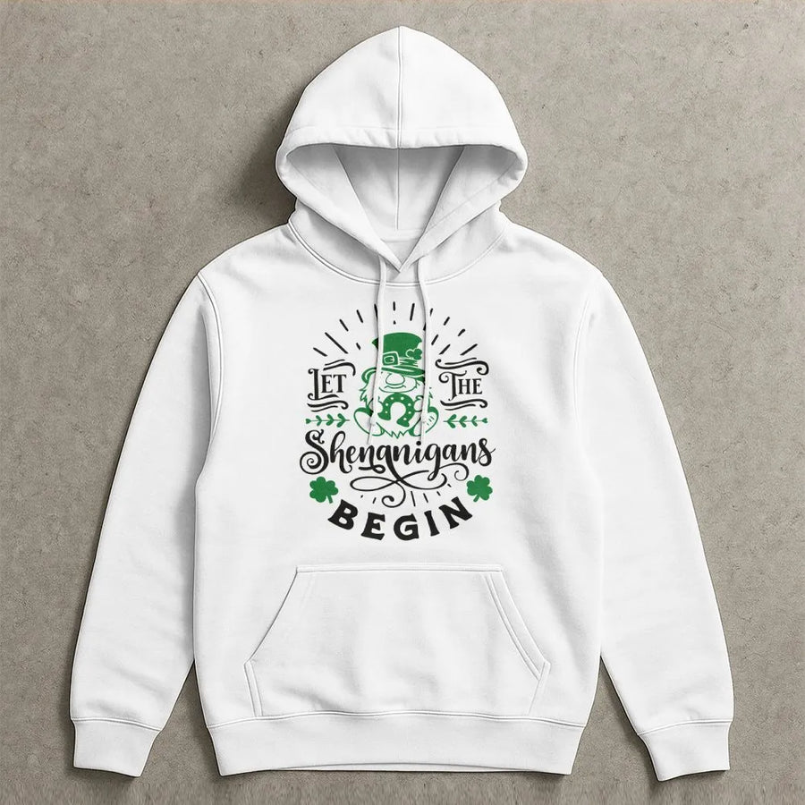 St. Patrick's Day Hoodie | Let The Shenanigans Begin Gnome Design | Premium Cotton-Poly Blend | Cute Irish Shamrock Gift For Her
