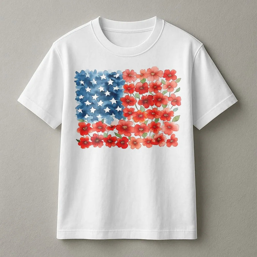 Floral American Flag T-Shirt | Watercolor Flower US Flag Design | Premium Soft Cotton | Patriotic 4th of July Gift for Women & Men