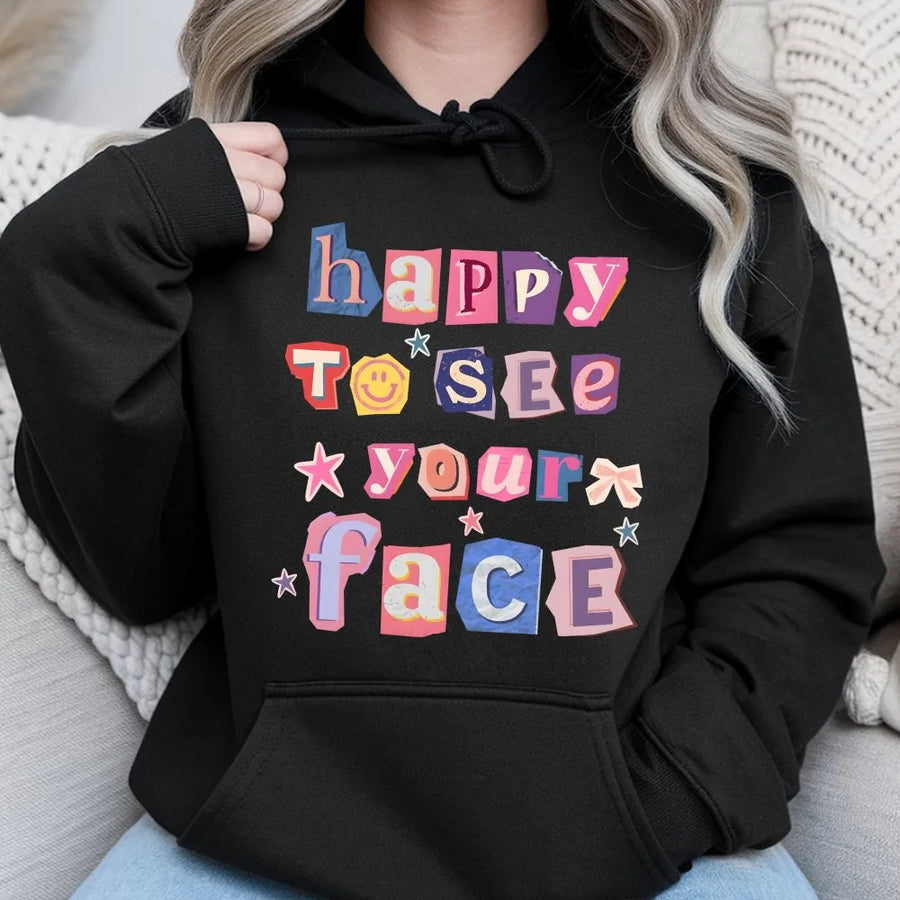 Happy To See Your Face Teacher Shirt | Cute Retro Collage Graphic Tee | Soft Comfort Colors Cotton | Back To School Gift for Teachers
