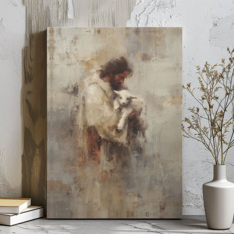 Jesus Holding A Lamb Canvas Wall Art | Abstract Religious Painting | Premium Gallery Wrap | Inspirational Christian Home Decor Gift