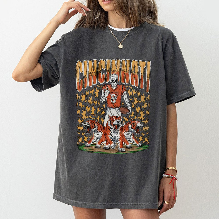 Cincinnati Bengals Skeleton Football Player With Tigers And Flames T-Shirt