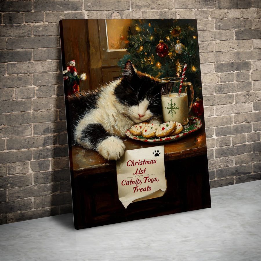 Sleeping Cat Christmas Canvas | Holiday Kitten With Milk And Cookies Print | Premium Gallery-Wrapped Wall Art | Cute Cat Lover Gift Home Decor