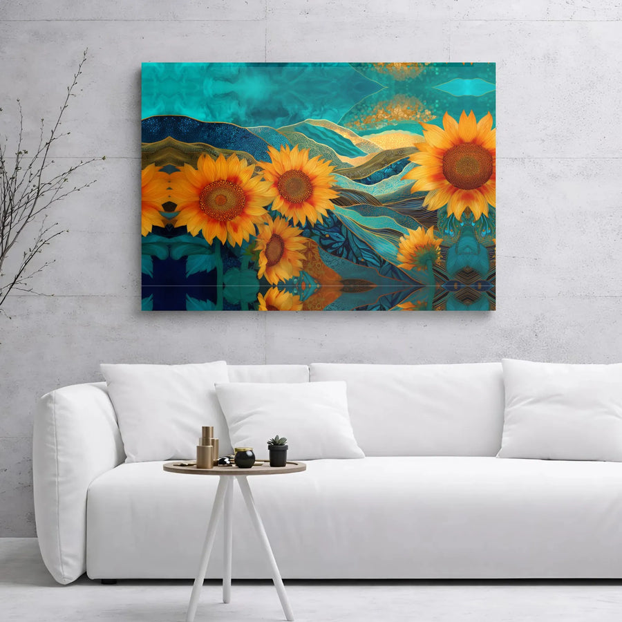 Abstract Sunflower Canvas Art | Teal and Gold Mountain Landscape | Premium Gallery Wrap | Floral Wall Decor Gift for Home