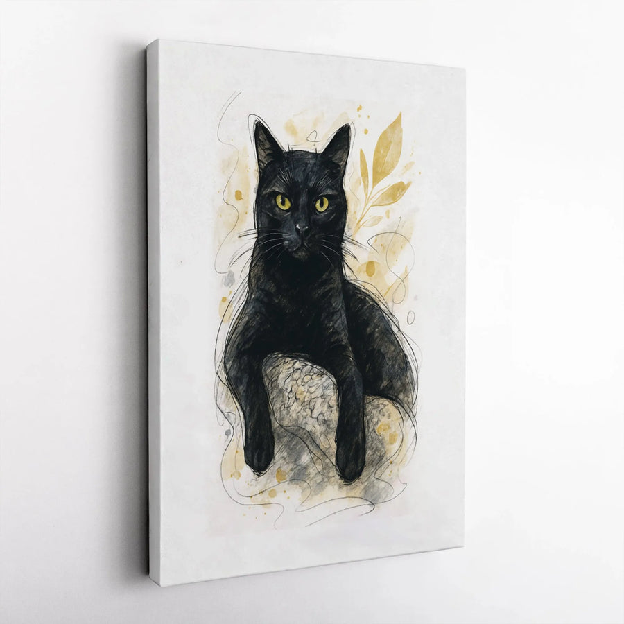 Black Cat Canvas Wall Art | Watercolor Sketch Animal Portrait | Premium Gallery Wrap Print | Modern Home Office Decor Gift