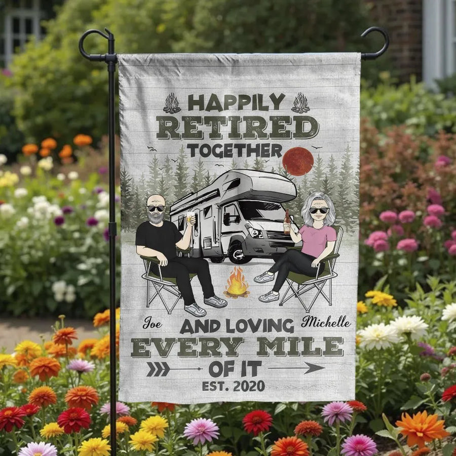 Happily Retired Camping Garden Flag | RV Camper Double Sided Outdoor Yard Banner | Premium Weatherproof Polyester | Retirement Gift for Camping Couples