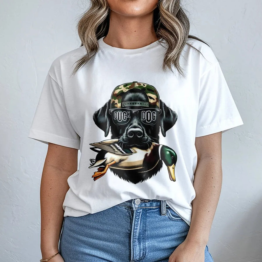 Duck Hunting Lab T-Shirt | Black Labrador Retriever with Mallard and Camo Hat | Premium Cotton Graphic Tee | Gift for Hunter and Dog Dad