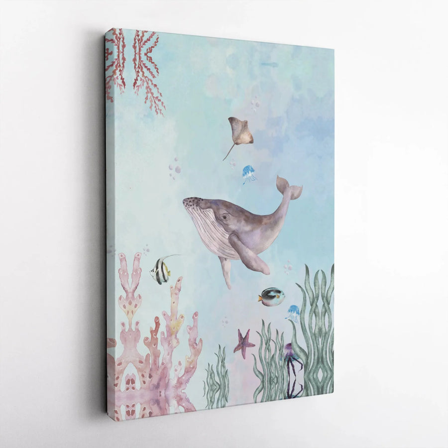 Watercolor Ocean Whale Canvas Print | Nautical Sea Life Wall Art | 1.25" Gallery Wrap Premium Canvas | Coastal Nursery & Beach House Decor