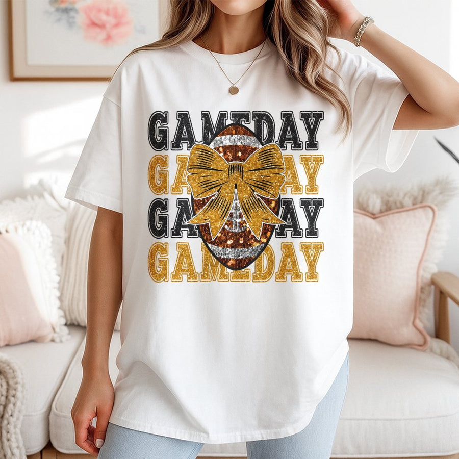 Gameday Football T-Shirt | Glitter Bow Coquette Graphic Tee | Premium 100% Cotton Comfort | Stylish Gift For Football Moms