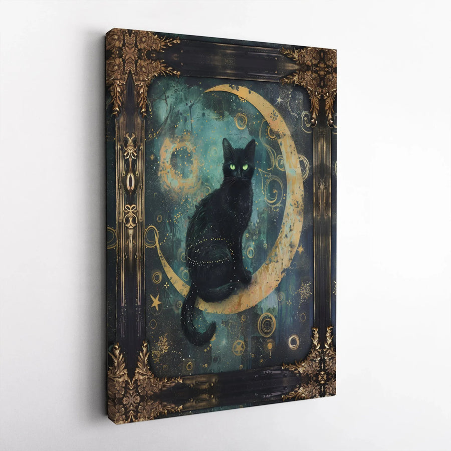 Black Cat Wall Art | Mystical Crescent Moon Celestial Design | Premium Gallery-Wrapped Canvas | Gothic Home Decor Gift for Cat Lovers