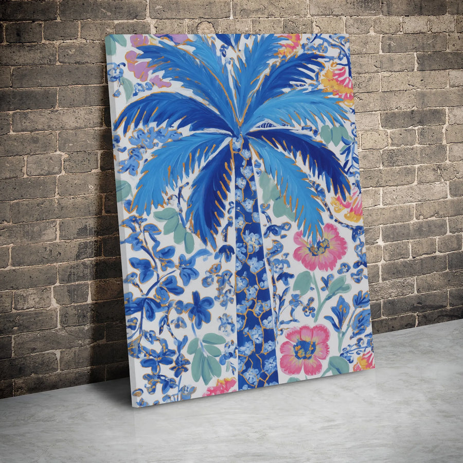 Blue Palm Tree Canvas Print | Tropical Floral Botanical Wall Art | 1.25 Inch Gallery Wrap | Coastal Living Room Decor Gift