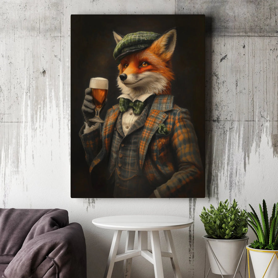 Dapper Fox Wall Art | Gentleman Fox in Plaid Suit Drinking Beer | Premium Gallery-Wrap Canvas Print | Unique Bar Decor & Office Gift