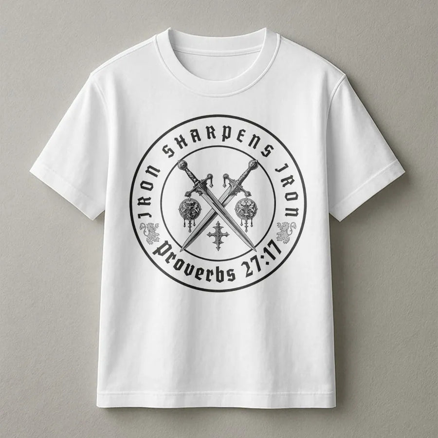 Iron Sharpens Iron T-Shirt | Proverbs 27:17 Crossed Swords Graphic | Premium Cotton Blend | Christian Gift for Men