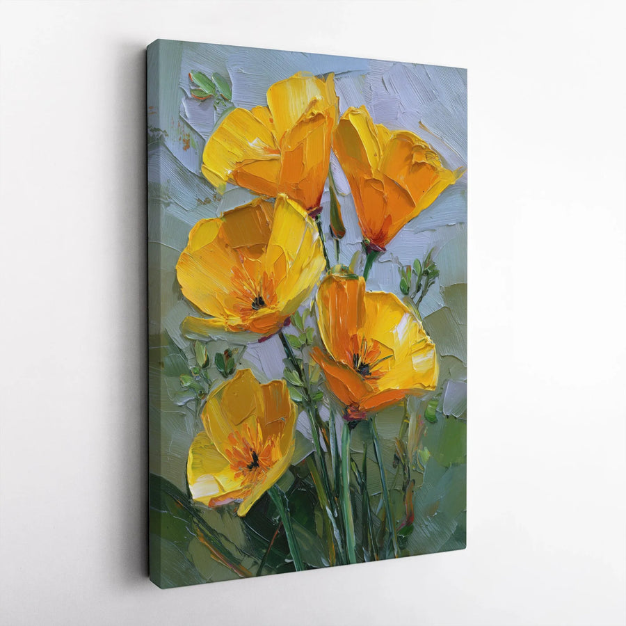 California Poppy Canvas Print | Impasto Floral Oil Painting | 1.25" Gallery Wrap Premium Art | Modern Home Decor Gift
