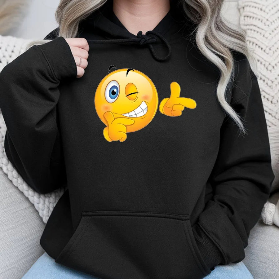 Winking Smiley Face Hoodie | Finger Guns Graphic Pullover | Soft Cotton-Blend Premium Apparel | Playful Unisex Streetwear Gift