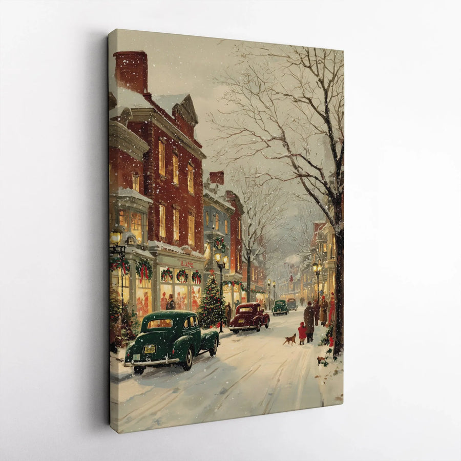 Vintage Christmas Town Canvas Wall Art | Snowy Street With Classic Cars | Premium Gallery Wrap Print | Festive Holiday Home Decor Gift