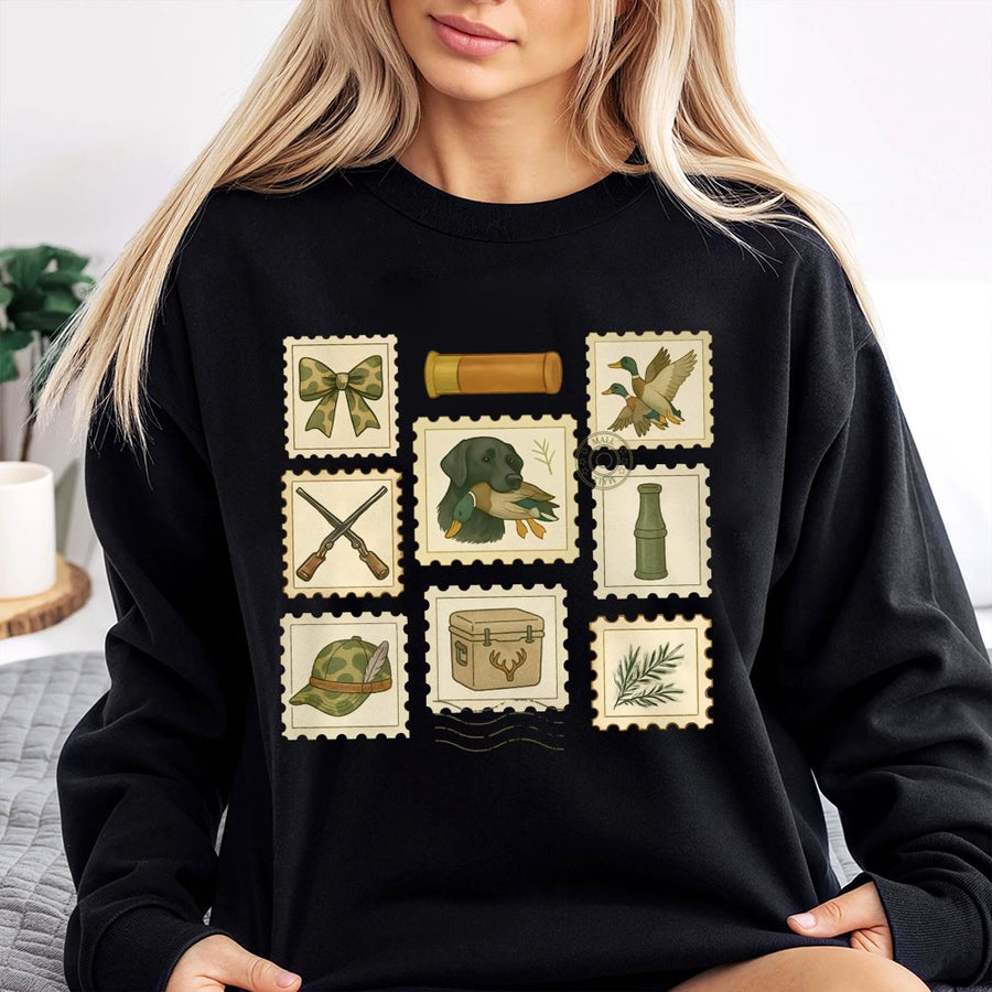 Duck Hunting Sweatshirt | Retro Stamp Collection Graphic | Soft Cotton Blend | Wildlife Lover Gift For Girlfriend