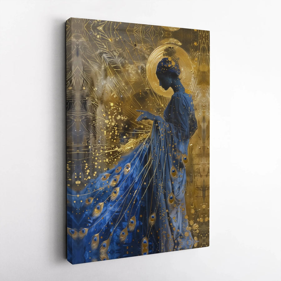 Peacock Goddess Wall Art | Gold Halo Abstract Portrait | Premium Stretched Canvas Print | Elegant Home Decor Gift for Her