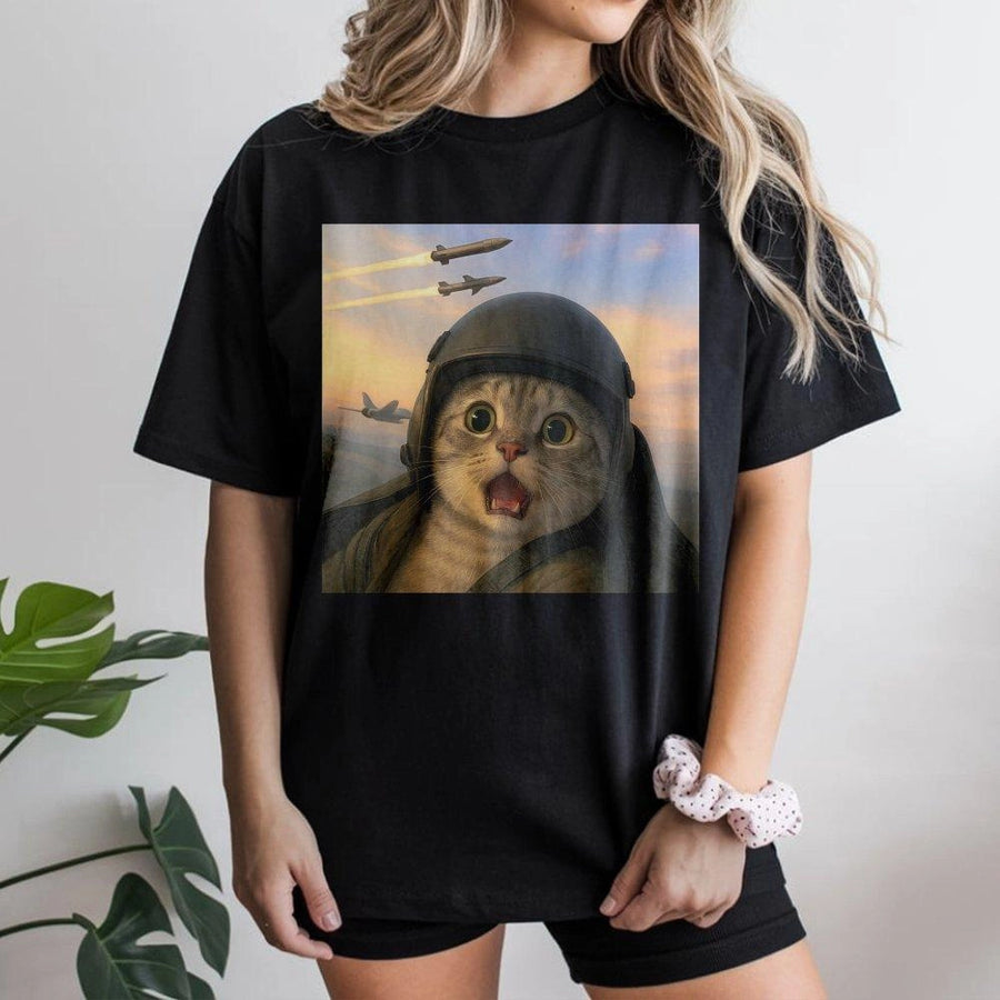 Pilot Cat T-Shirt | Funny Fighter Jet Meme Graphic | Premium Soft Cotton Tee | Unique Gift for Aviation Lovers and Cat Parents