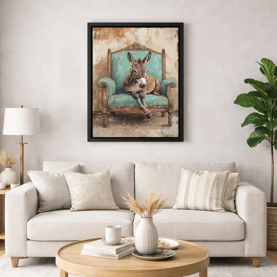 Donkey Wall Art Canvas | Whimsical Sitting Donkey in Teal Chair | Premium 1.25-Inch Thick Gallery Wrap | Farmhouse Decor Gift for Animal Lovers