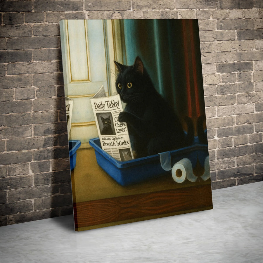 Black Cat Reading Newspaper Canvas | Funny Bathroom Wall Art | Premium Gallery Wrapped Print | Quirky Home Decor Gift for Cat Lovers