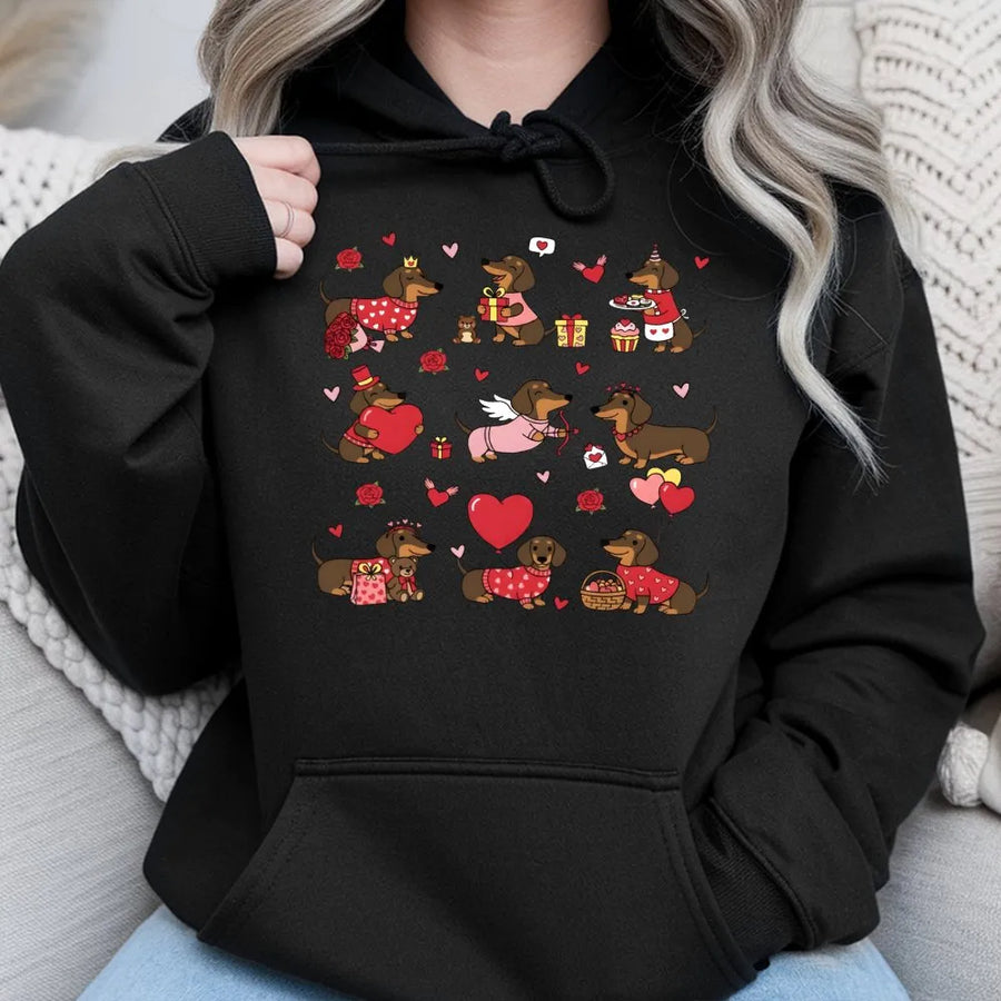 Dachshund Valentine Hoodie | Cute Wiener Dog Heart Pattern Design | Premium Cotton Blend | Gift For Dog Lovers & Pet Owners