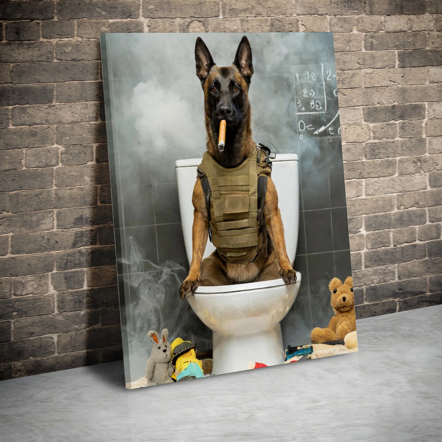 Belgian Malinois Wall Art | Tactical Dog Smoking Cigar on Toilet Print | Premium 1.25" Gallery Canvas | Funny Military Dog Lover Gift