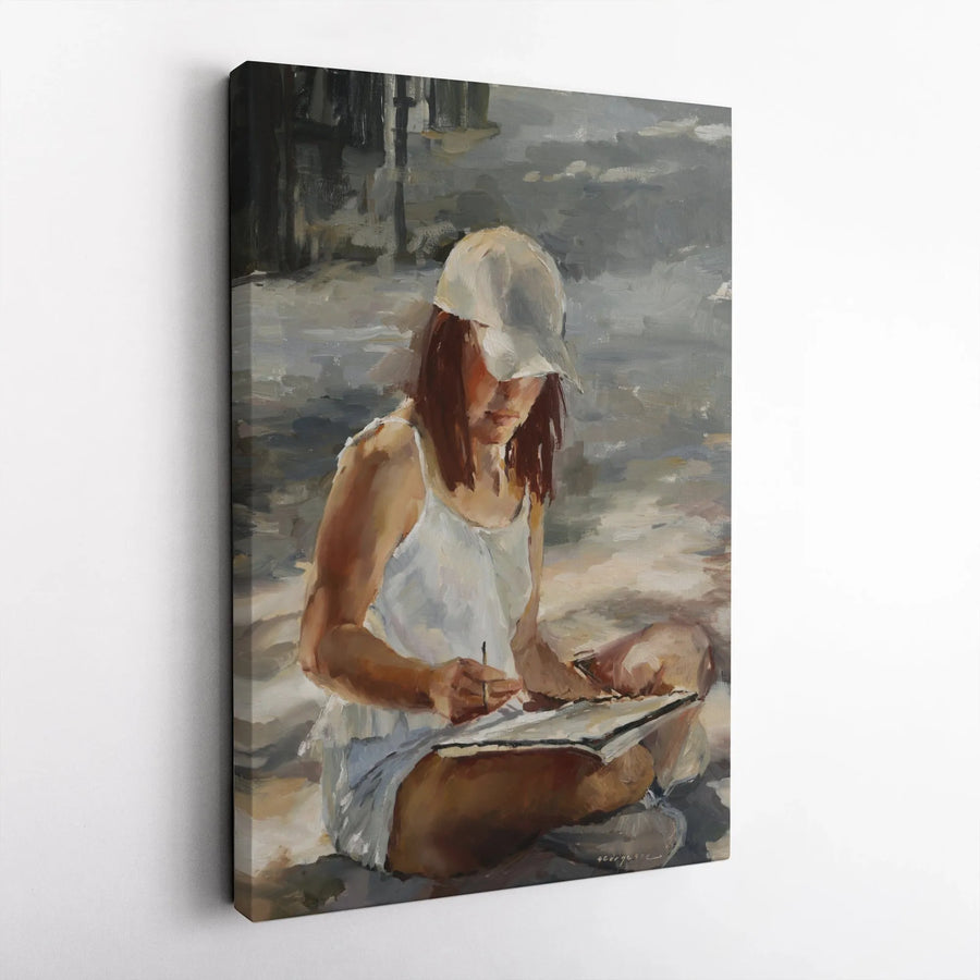 Woman Sketching in Italy Vertical Canvas | Impressionist Style Painting Print | Premium Gallery Wrapped Canvas | Home Decor Gift for Artist
