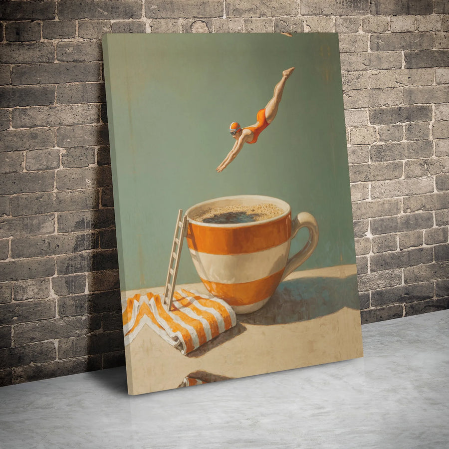 Surreal Coffee Cup Canvas Wall Art | Diving Woman Illustration | Premium Gallery Wrapped Print | Unique Kitchen & Office Decor Gift