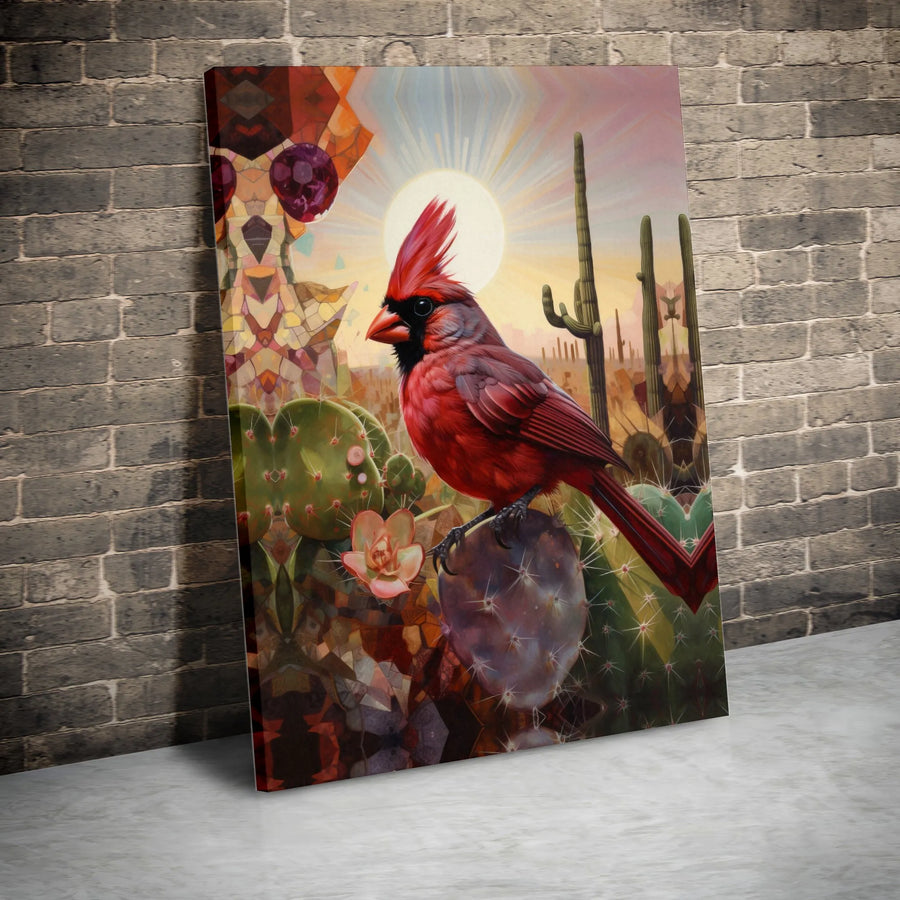 Red Cardinal Canvas Wall Art | Desert Cactus Geometric Landscape | Premium 1.25" Gallery Wrap | Southwestern Home Decor Gift