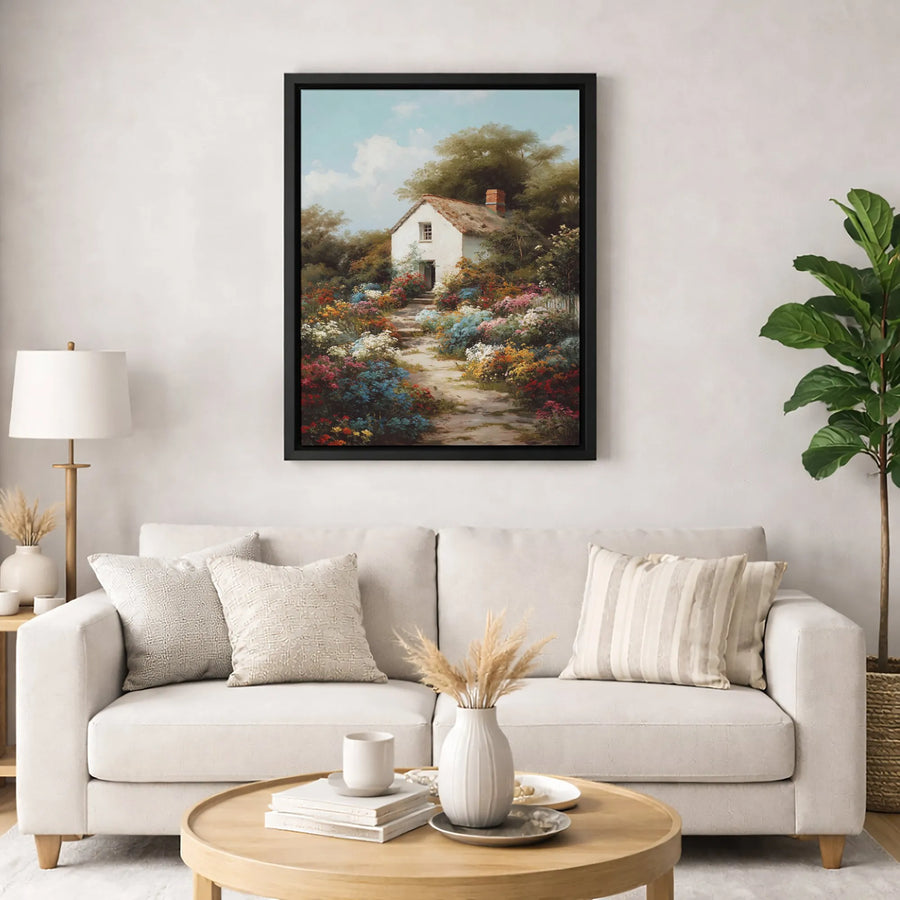 Cottage Garden Canvas Wall Art | Rustic Landscape Oil Painting Style | Premium 1.25" Thick Gallery Wrap | Floral Home Decor Gift